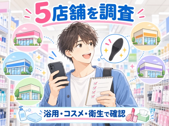 アイメイククレンジングスポンジの売り場を5店舗で調査した様子のイメージ