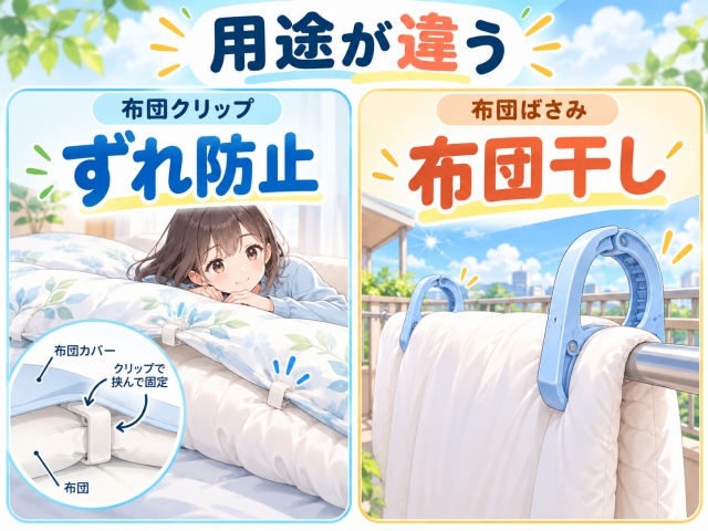 布団とカバーのずれ防止用クリップと布団を干す大型の布団ばさみの違いを示す比較図