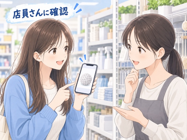 商品写真を店員に見せてドライヤーボールの売り場を確認するイメージ