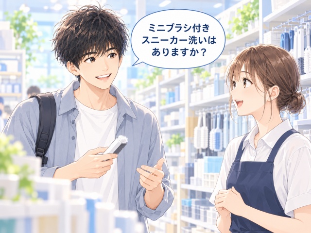 店員にミニブラシ付きスニーカー洗いの売り場や在庫を確認するイメージ