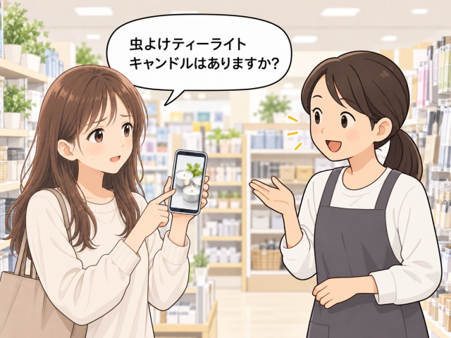 虫よけティーライトキャンドルの売り場を店員に尋ねるイメージ