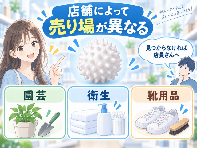 セリアのドライヤーボールPVCの売り場が園芸・衛生・靴用品に分かれていたことをまとめた図