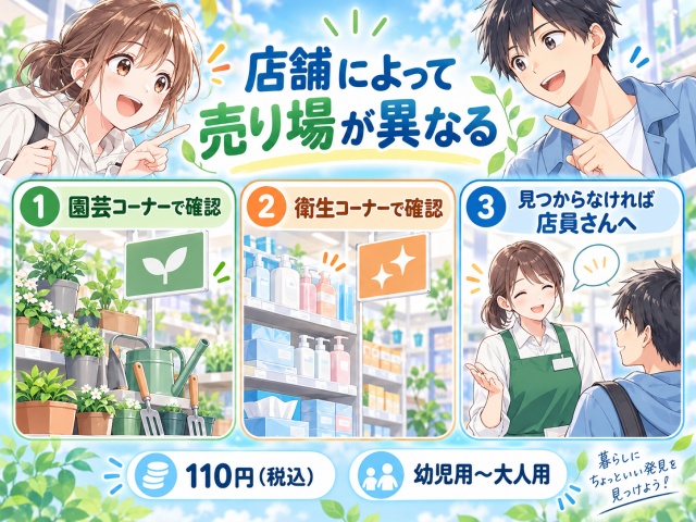 セリアのシューズブラシは店舗によって園芸・衛生コーナーなど売り場が異なることをまとめた図