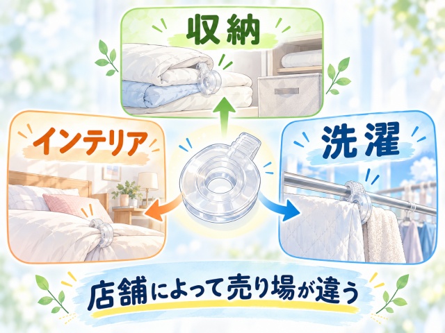 同じ布団クリップでも収納・インテリア・洗濯など店舗によって売り場が異なることを示す図