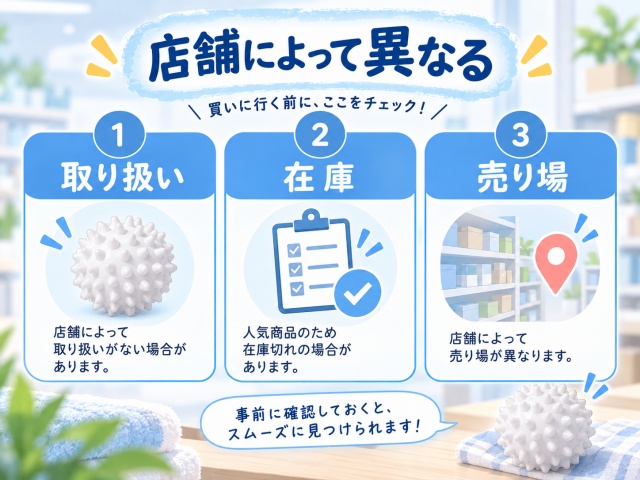 ドライヤーボールの取り扱い・在庫・売り場が店舗によって異なることを示す図