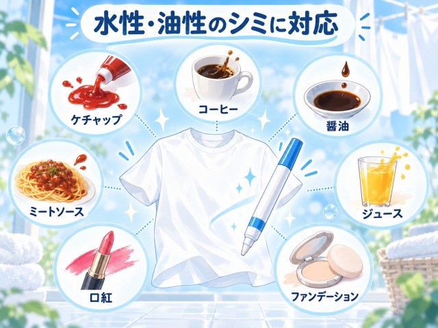 キャンドゥのシミ取りペンが対応するケチャップ、コーヒー、醤油、口紅などの汚れを示した図