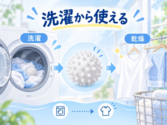 ドライヤーボールPVCを洗濯モードから使えることを示すイラスト