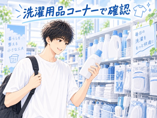 洗濯用品コーナーで商品を探している男性を描いたイメージ画像