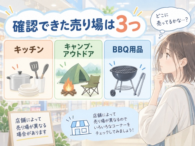 セリアの水に強い着火剤を確認したキッチン・キャンプアウトドア・BBQ用品の3つの売り場