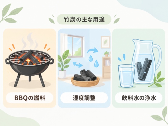セリアの竹炭の用途としてBBQの燃料、湿度調整、飲料水の浄水を示した図