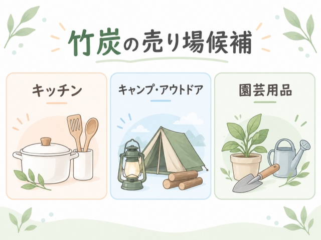 セリアの竹炭の売り場候補としてキッチン、キャンプ・アウトドア、園芸用品の3コーナーを示した図