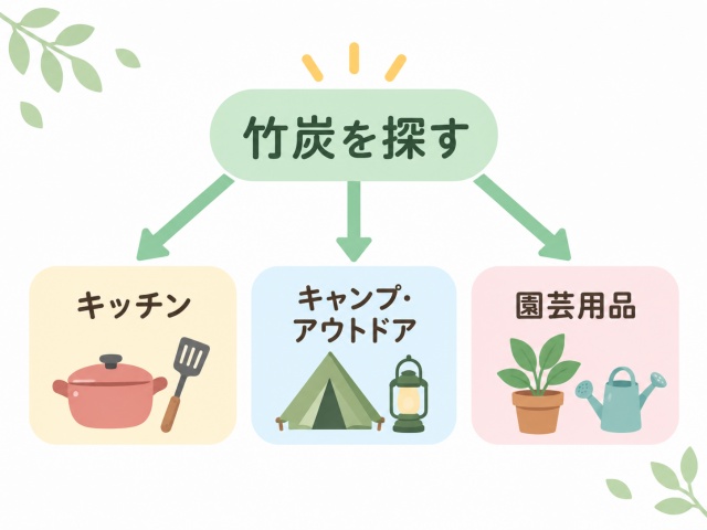 竹炭の売り場候補としてキッチン、キャンプ・アウトドア、園芸用品の3方向を示す図