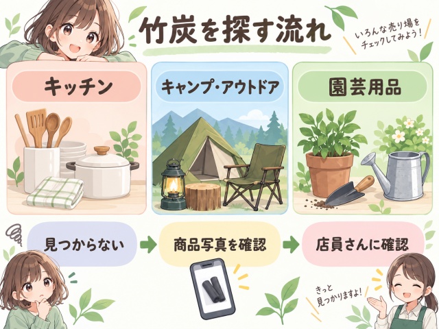 竹炭の3つの売り場候補と見つからない場合の商品写真・店員確認までの流れをまとめた図