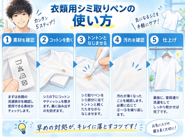衣類用シミ取りペンの使い方を素材確認から仕上げまで5ステップで示した図