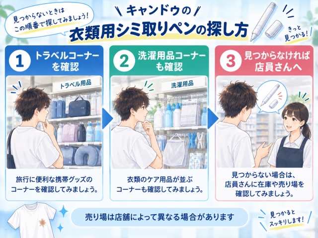 キャンドゥでシミ取りペンが見つからない場合に、トラベルコーナー、洗濯用品コーナー、店員さん確認の順で探す流れを示した図
