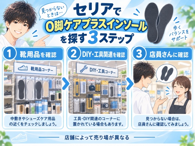 店員さんにO脚ケアプラスインソールの場所を確認しているイメージ