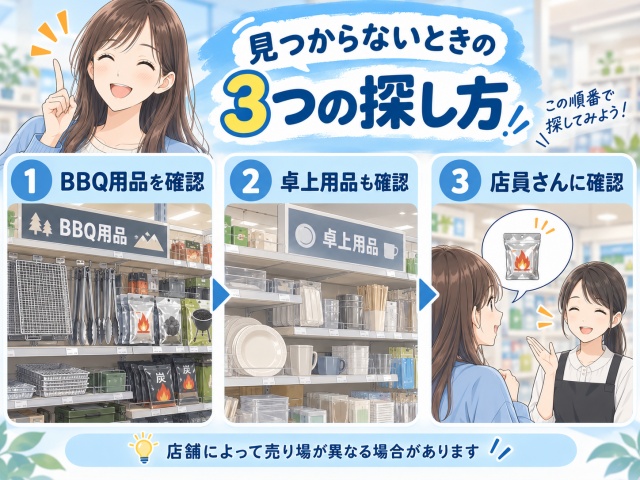キャンドゥの着火剤をBBQ用品、卓上用品、店員への確認の順に探す3ステップ