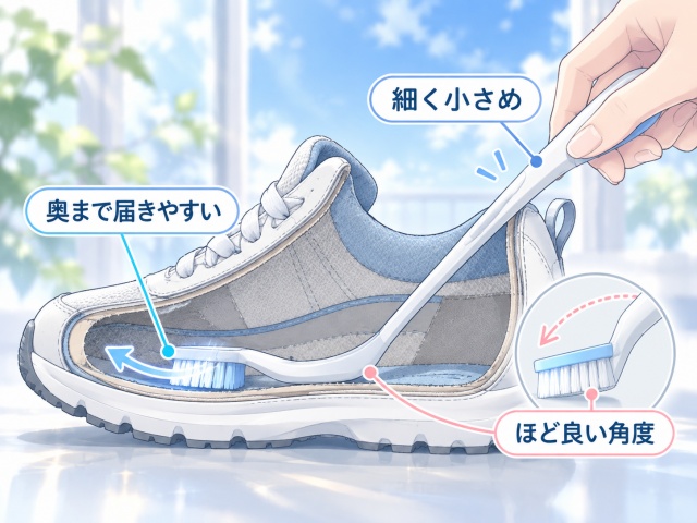 細く小さめのシューズブラシがスニーカーの奥まで届く特徴の図解