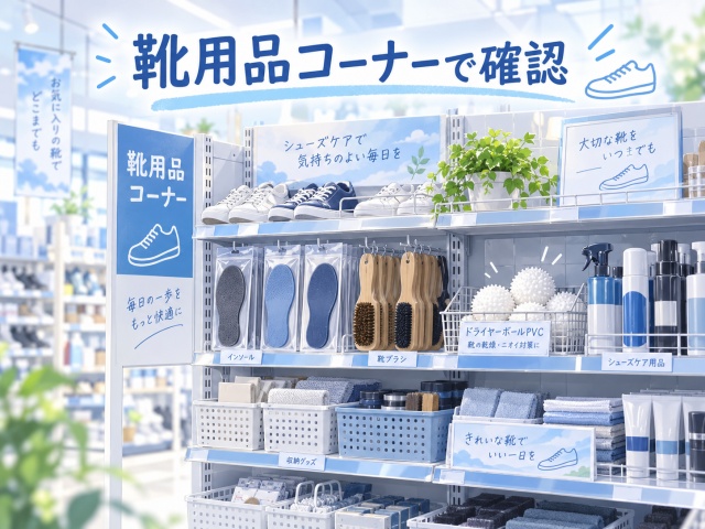 セリア ワイプラザ福井南店の靴用品コーナーでドライヤーボールPVCを確認したイメージ画像