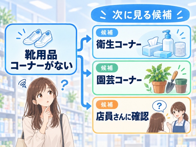 靴用品コーナーがない場合に衛生・園芸など別の売り場を確認する流れ