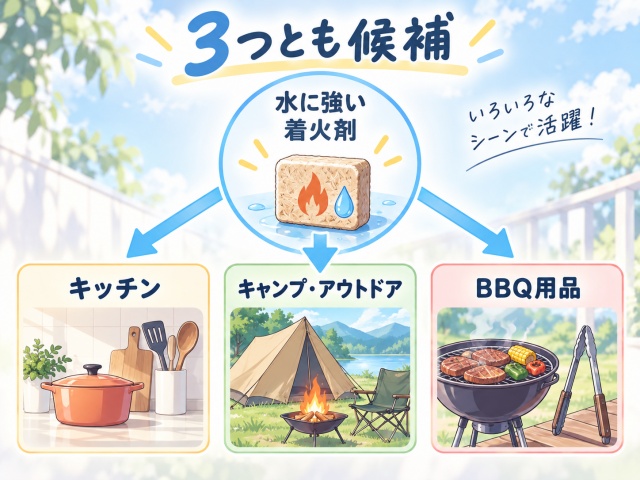 水に強い着火剤を探すキッチン・キャンプアウトドア・BBQ用品の3つの売り場候補