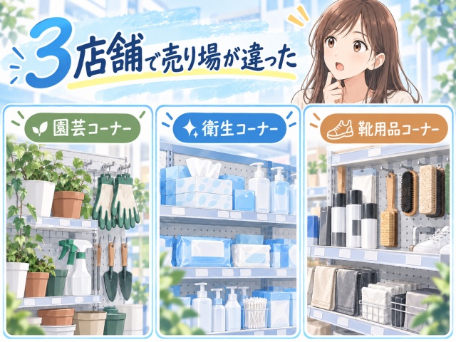 セリアのスニーカー用消しゴムを確認した園芸・衛生・靴用品の3つの売り場