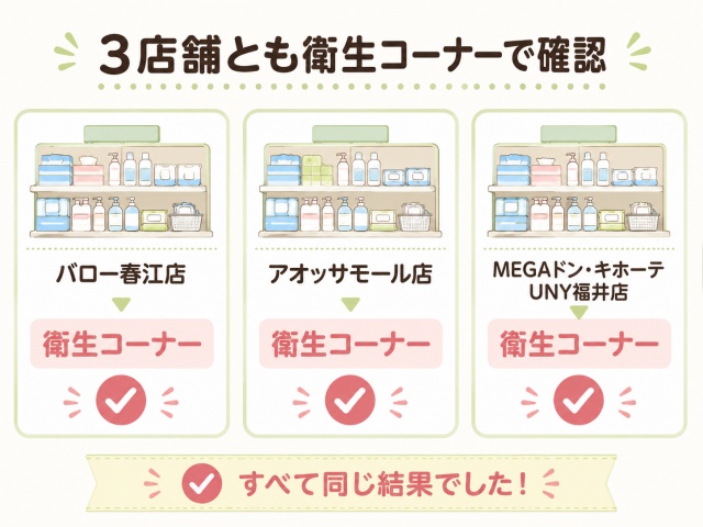マウステープを確認した3店舗すべてが衛生コーナーだったことを示す図
