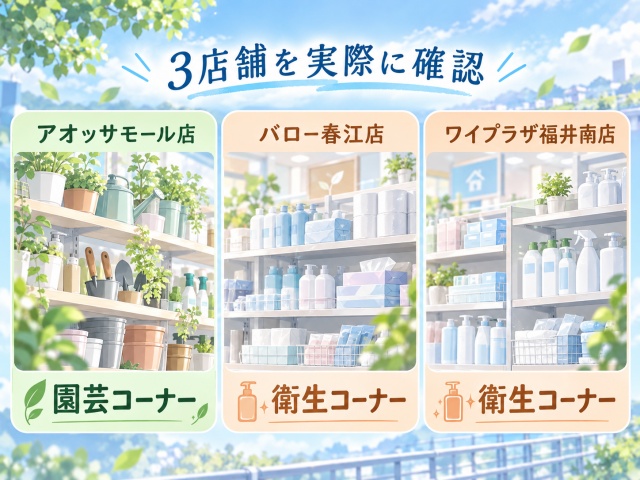 セリア3店舗で確認したシューズブラシの売り場比較。アオッサモール店は園芸コーナー、バロー春江店とワイプラザ福井南店は衛生コーナー