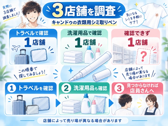 キャンドゥのシミ取りペンはトラベルまたは洗濯用品コーナーを確認し、1店舗では確認できなかったことをまとめた図