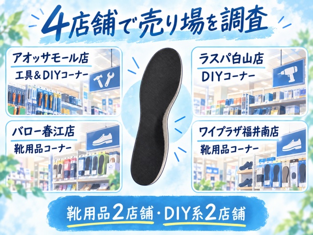 セリアのO脚ケアプラスインソールの売り場を4店舗で比較した図解