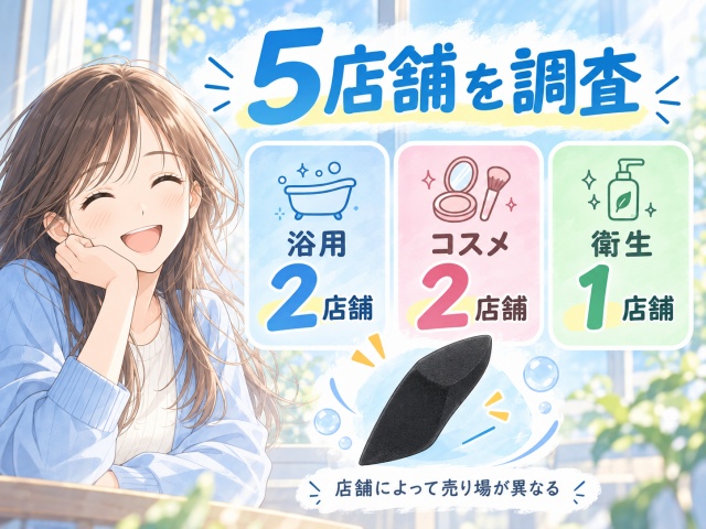 ダイソー5店舗でアイメイククレンジングスポンジの売り場を調査した結果、浴用2店舗・コスメ2店舗・衛生1店舗だったことを示す図