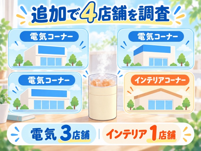 追加で調査した4店舗の加湿器売り場を電気3店舗、インテリア1店舗に分けて示した図