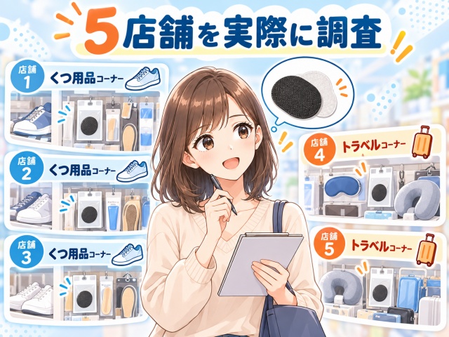 ダイソー5店舗で靴の補修用パッチの売り場を調査したイメージ