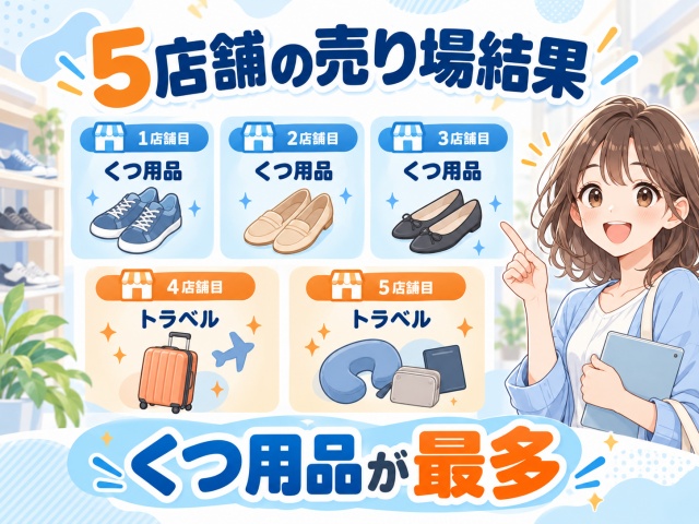 5店舗の靴の補修用パッチ売り場をくつ用品3店舗とトラベル2店舗に分けた図