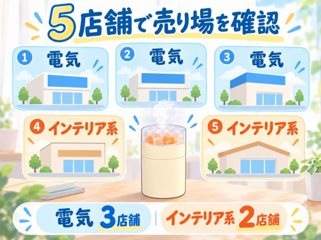 5店舗の加湿器売り場を電気3店舗とインテリア系2店舗に分けた比較図