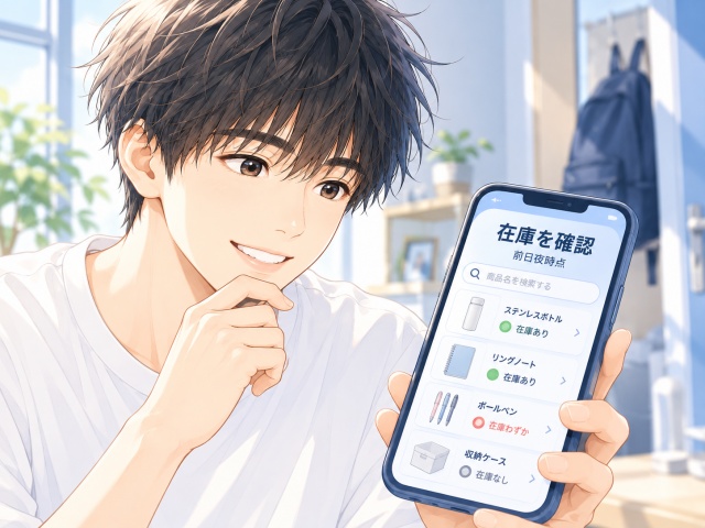 スマートフォンの在庫検索で形状安定ワイシャツハンガーを確認するイメージ