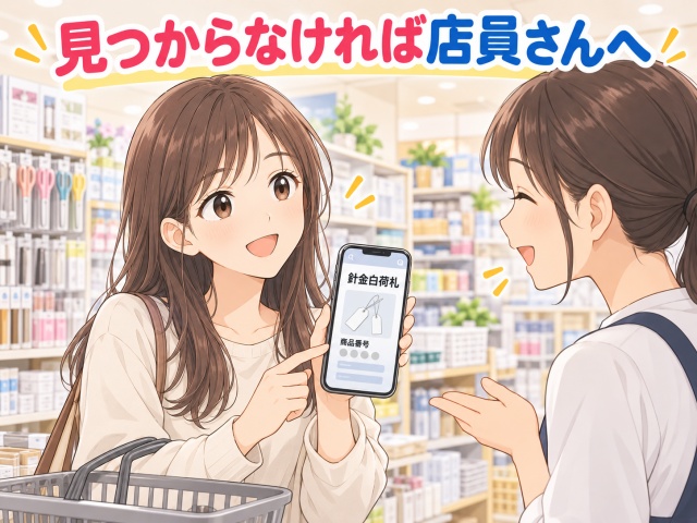 針金白荷札が見つからない場合に店頭で店員さんへ売り場を尋ねるイメージ