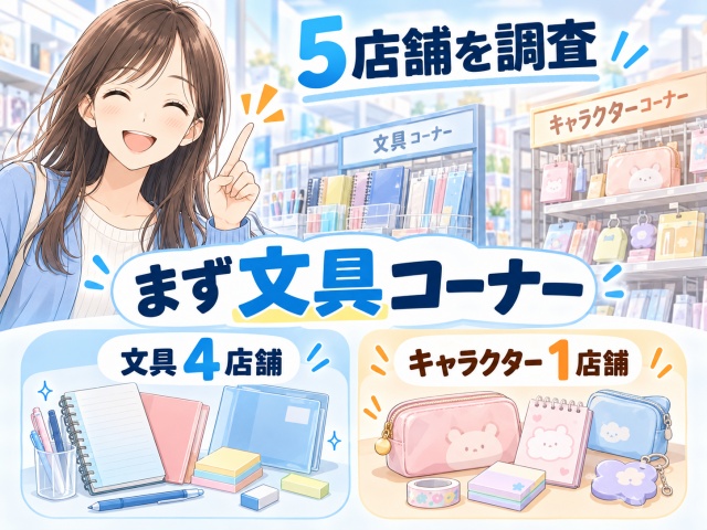 ダイソー5店舗の調査で文具コーナー4店舗、キャラクターコーナー1店舗だった結果