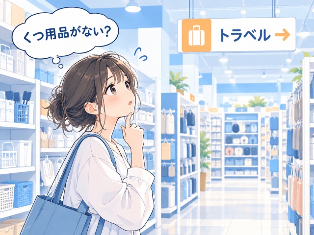 くつ用品コーナーが見当たらずトラベルコーナーを探す様子