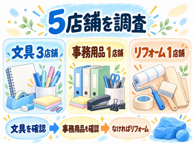 ダイソー5店舗の粘土売り場は文具3店舗、事務用品1店舗、リフォーム1店舗