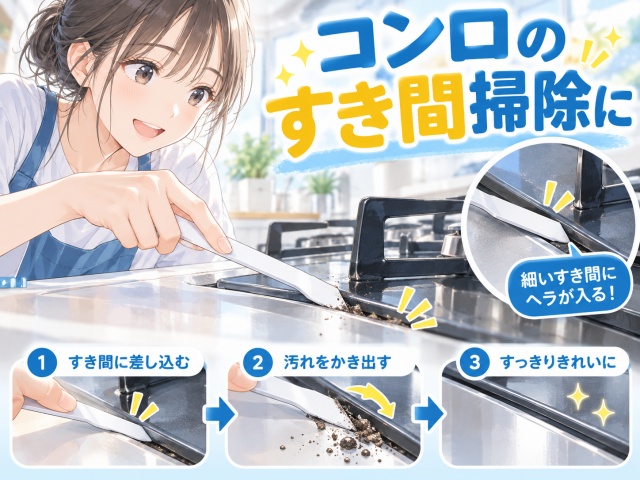 しなるすき間ヘラでガスコンロやIHコンロのすき間を掃除するイメージ
