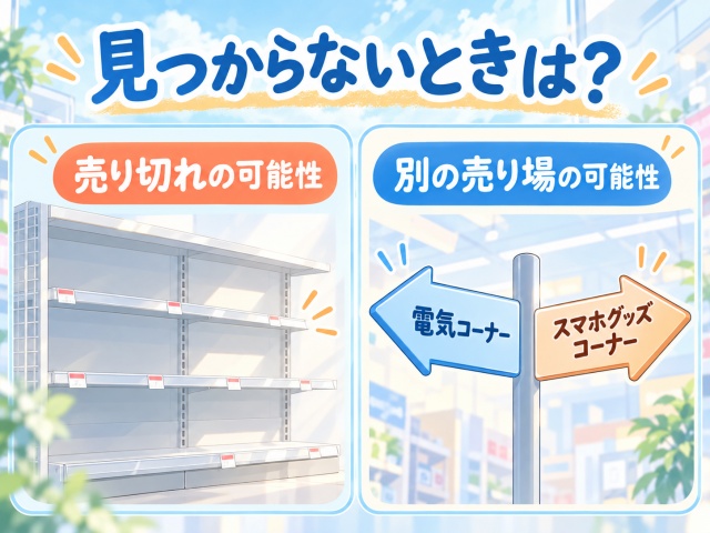スクリーンクリーナーが見つからない原因として売り切れと別売り場の2つを示す図
