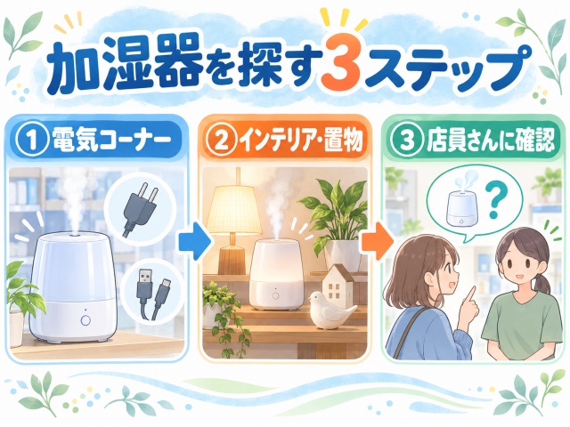 ダイソーで加湿器を探す順番を電気、インテリア、店員確認の3ステップで示した図