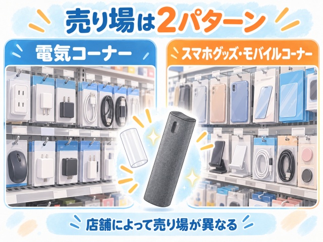 ダイソーのスクリーンクリーナーは電気コーナーとスマホグッズ・モバイルコーナーの2か所を確認