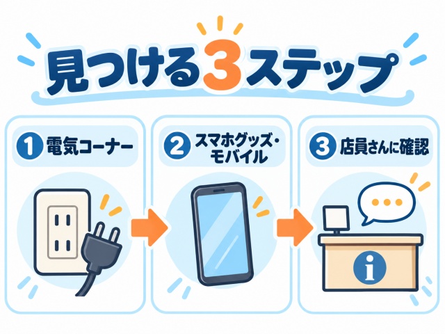 スクリーンクリーナーを電気、スマホグッズ、店員確認の順で探す3ステップ