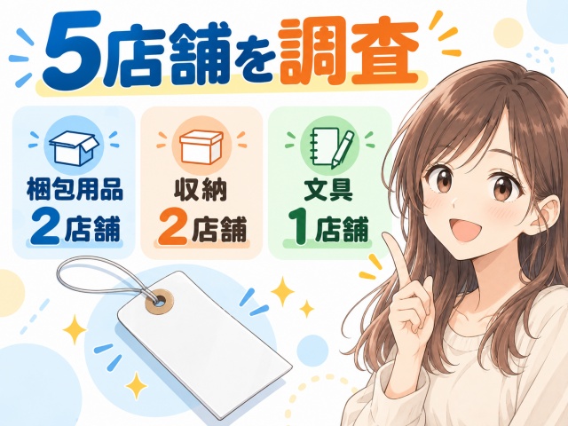 ダイソー5店舗で針金白荷札の売り場を調査した結果、梱包用品2店舗・収納2店舗・文具1店舗
