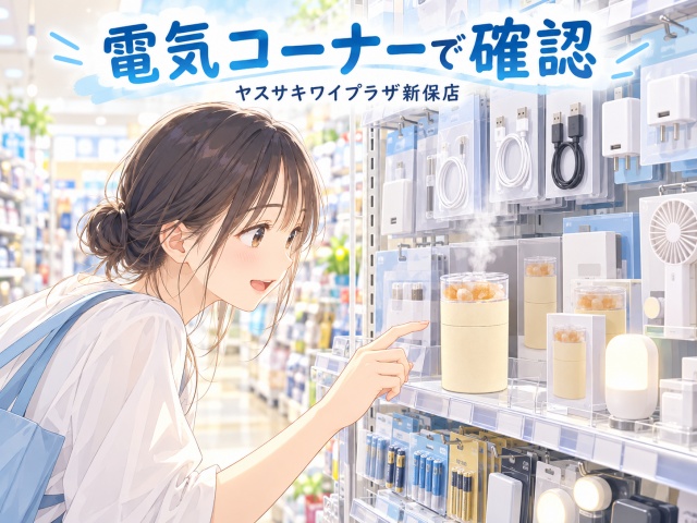電気コーナーに並ぶ商品棚の中に加湿器が置かれているイメージ画像