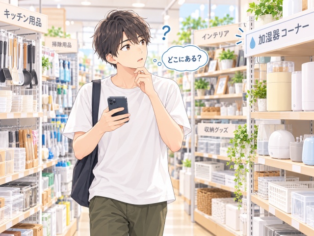ダイソー店内で加湿器の売り場が分からず探しているイメージ