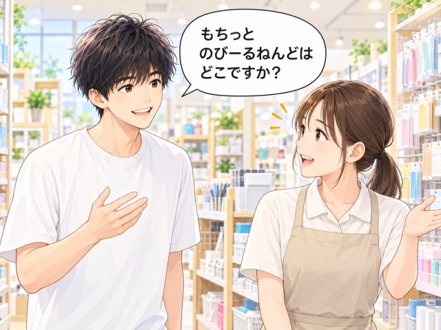 店員にもちっと のびーるねんどの売り場を確認する様子