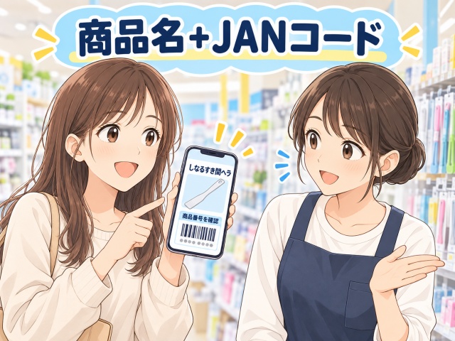 店員さんにしなるすき間ヘラの商品名とJANコードを伝えるイメージ
